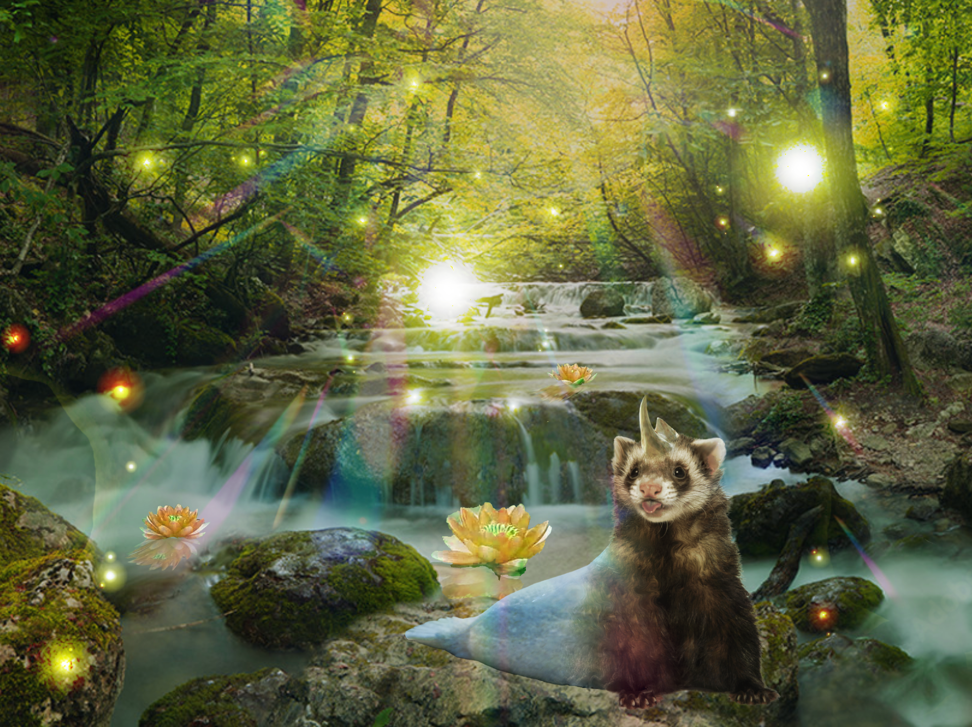 Photo-edited image of a rhino-ferret-seal hybrid on a stone in a river